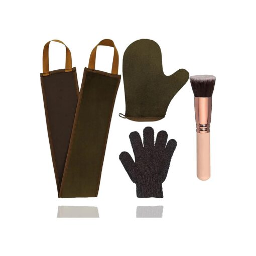 4 Pack Self Tanning Mitt Applicator Kit, with Self Tanner Mitt, Self Tan Back Applicator, Exfoliating Glove, Flat Top Face Tanner Brush, Tan mit for Self Sunless Tanner ( brown )