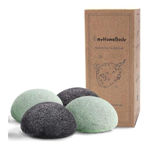 myHomeBody Natural Konjac Facial Sponges - for Gentle Face Cleansing and Exfoliation - with Activated Charcoal and Aloe Vera, 4pc, Set