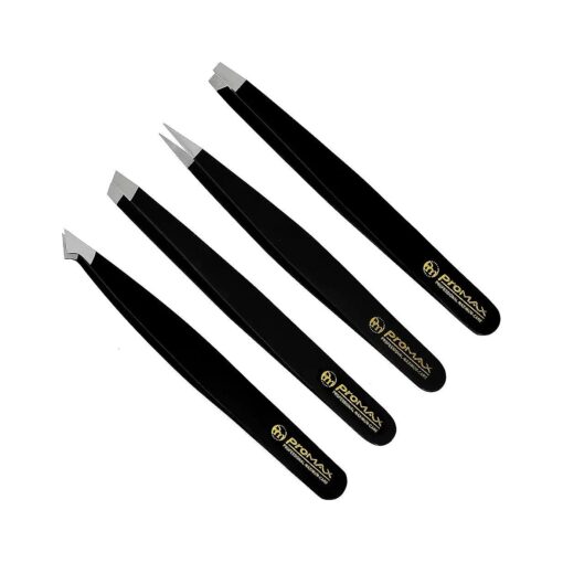 ProMax Care EyeBrow 4-piece Tweezers Set - Stainless Steel Slant Tip and Pointed Eyebrow Tweezer Set - Great Precision for Facial Hair, Ingrown Hair, Splinter, Blackhead and Tick Remover - 40-9049B4P