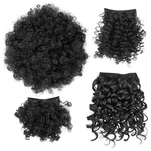 4 Pieces Set Afro Puff Drawstring Ponytail Extensions with 3 Bangs Pineapple Hair for Black Women Synthetic Short Kinky Curly Ponytail Bun with Big Bangs Hairpiece Pony Tail ( 1B )