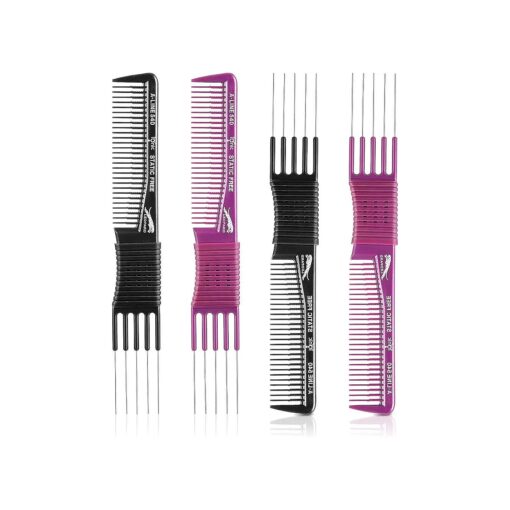 4 Pieces Carbon Lift Teasing Combs with Metal Prong Lift Teasing Comb and Hair Pick Salon Teasing Lifting Fluffing Comb with 5 Stainless Steel Pins for Women Most Hair Types