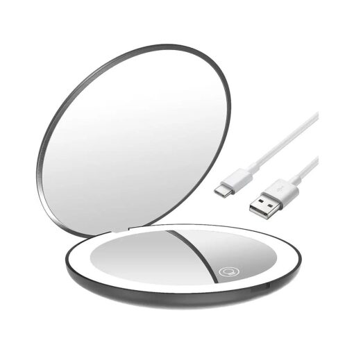 WOBANE Rechargeable Compact Makeup Mirror, LED Lighted Travel Mirror, 1X/ 10X Magnification, Handheld Purse Mirror, Folding Travel Mirror with Light, 4" Round, Portable, Black, Nice Gift