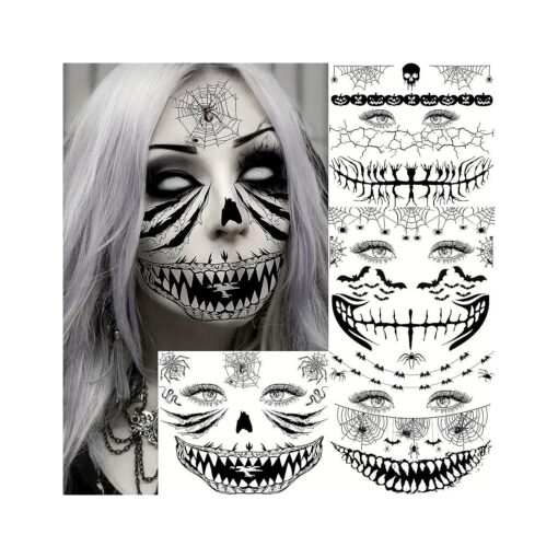 4 Sheets Scary Halloween Face Temporary Tattoos For Women Men, 3D Witch Zombie Makeup Kit For Kids Girls Boys Adults, Dia de los muertos Day of the Dead Makeup Face Tattoos Spider Web Bat Scar