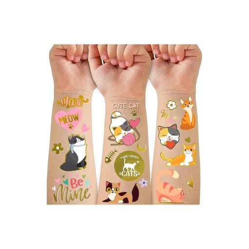 Temporary Tattoos Kids, Fake Tattoo Stickers for Boys Girls, Metallic Style Cute Kitten Cat Birthday Party Supplies Decor, Waterproof Face Body Tattoo Gifts for Pet Lover, 4 Sheets