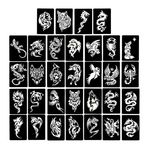 4 Sheets Temporary Tattoo Stencils, 32pcs Animal Patterns Henna Tattoo Stencil Kit Temporary Glitter Airbrush Tattoo Stencils Arabian Tattoo Stickers for Face Body Paint Art