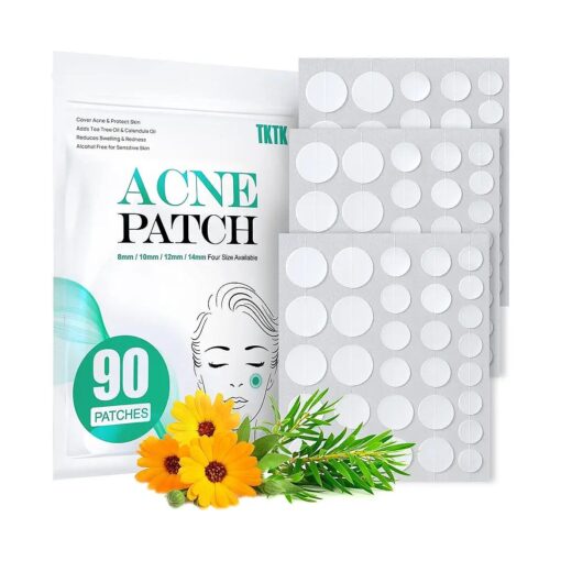 TKTK Acne Pimple Patches - 4 Sizes 90 Count Hydrocolloid Acne Patches for Face, Easy Peeling Acne Cover Dots with Tea Tree and Calendula Oil for Invisible Absorbing of Zits and Blemishes