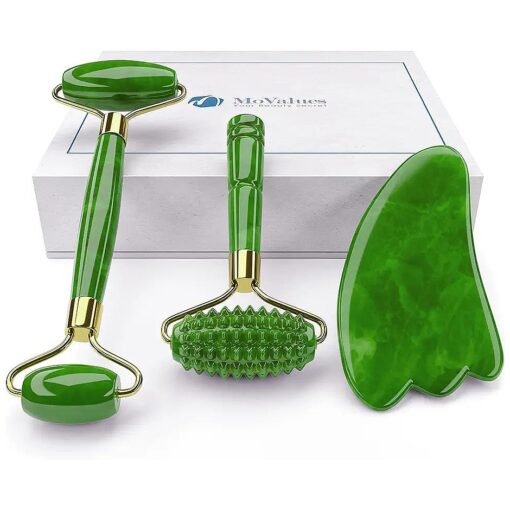 4-in-1 Jade Roller and Gua Sha Set, Jade Face Roller with Eye Massager, Jade Gua Sha, Ridged Roller Massager, Jade Roller for Face Real Jade 100 % Jade Stone Roller, Warm Facial Massager or Ice Roller