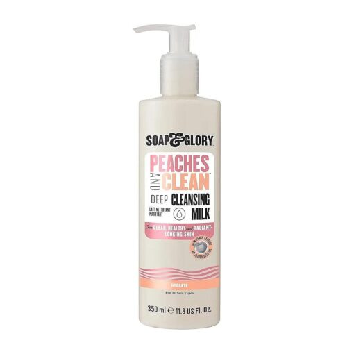 Soap & Glory Peaches & Clean Deep Cleansing Milk - 4 in 1 Milk Cleanser & Makeup Remover with Peach Extract, Ginseng & Jojoba Oil - Hydrating Facial Cleanser for Clarified & Energized Skin ( 350ml )