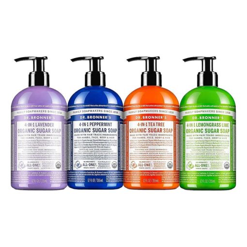 Dr. Bronner 's - Organic Sugar Soap ( 12 oz Variety Pack ) Lavender, Peppermint, Tea Tree, & Lemongrass - Made with Organic Oils, Sugar & Shikakai Powder, 4-in-1 Use : Hands, Body, Face & Hair | 4 Count