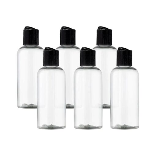 ljdeals 4 oz Clear Plastic Empty Bottles with Black Disc Top Caps, Refillable Cosmetic Containers for Shampoo, Lotions, Cream and more Pack of 6, BPA Free, Made in USA