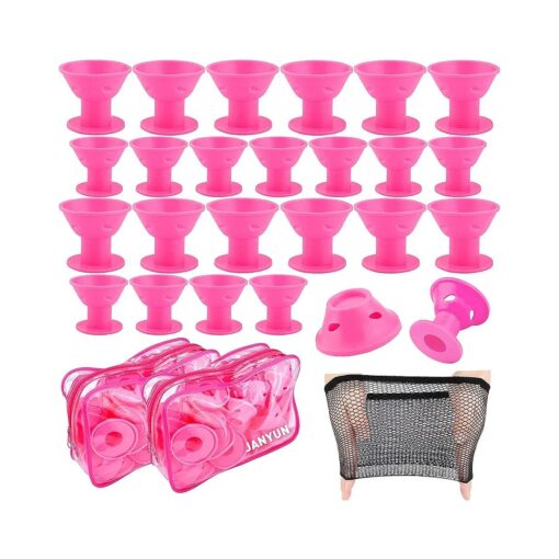 80 Pcs Magic Silicone Hair Rollers Overnight Curlers with Hairnet Include 40pcs Large Silicone Curlers 40pcs Small Silicone Curlers ( pink )