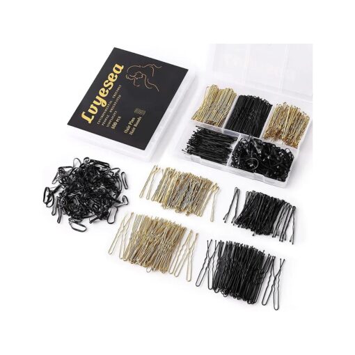 400Pcs Hair Pins Kit, Including 100 Pcs U-Shaped 100 Pcs Bobby Pin and 200 Pcs Hair Rubber Bands with Storage Box Hair Pins for All Hair Types ( Black, Gold )