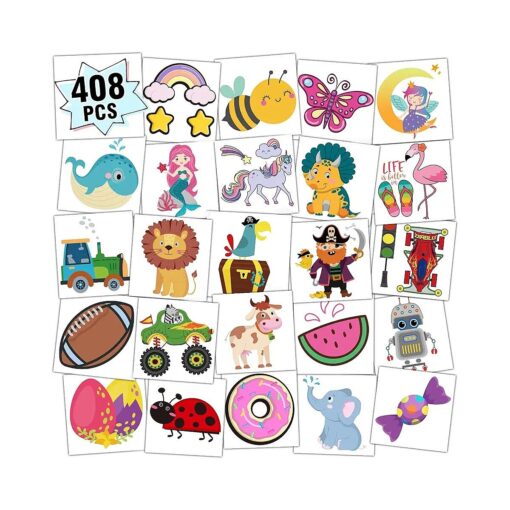 Partywind 408 PCS Kids Tattoos for Party Supplies, Individually Wrapped Sheet Temporary Tattoos Stickers for Kids Gifts Goodie Bag Stuffers, Fun Birthday Party Favors