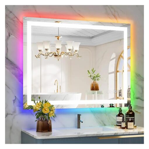 40x30 Inch RGB LED Bathroom Mirror Front Light and RGB Backlit Lighted Vanity Mirror for Bathroom Wall Mounted Dimmable Anti Fog Memory Shatter-Proof IP54 Waterproof Horizontal/Vertical