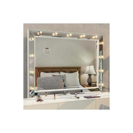 WONSTART Vanity Mirror with Lights, 42" x 30" Lighted Makeup Mirror with 13 Dimmable Bulbs and 10X Magnifier, USB Port, Warm Light, Wall Mounted/Tabletop Mirror with Light for Bedroom ( White )