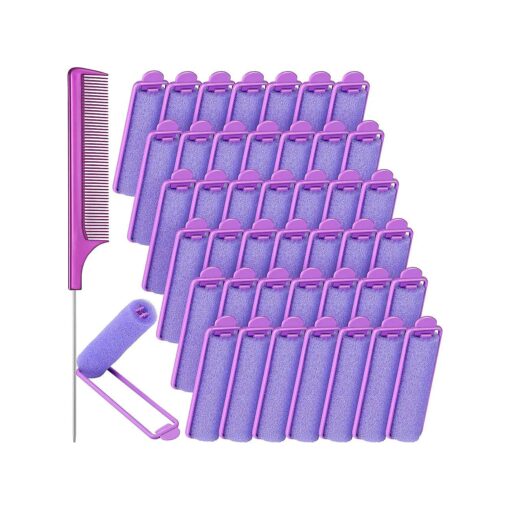 43 Pieces Foam Sponge Hair Rollers Set, Includes 42 Pieces Soft Sleeping Hair Curlers Flexible Hair Styling Sponge Curler and Stainless Steel Rat Tail Comb Pintail Comb for Hair Styling ( Purple )