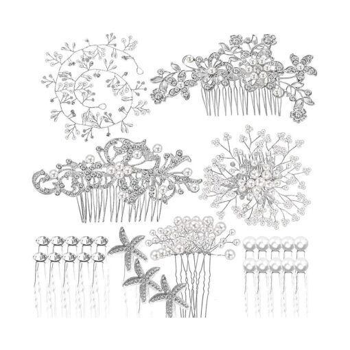 44Pcs Wedding Hair Combs for Brides Pearl Crystal Bridal Hair Accessories Side U Shaped Clips Silver Rhinestone Spiral Hair Pins for Women Bridesmaid Hair Down Headpiece