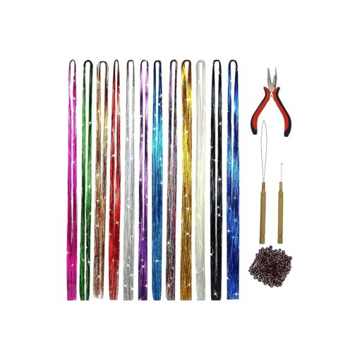 Hair Tinsel Kit with Tools 47 Inches 12 Colors 2400 Strands Hair Tinsel Hair Extensions Kit for Women Girls Hair Accessories for Christmas New Year Halloween Cosplay Party