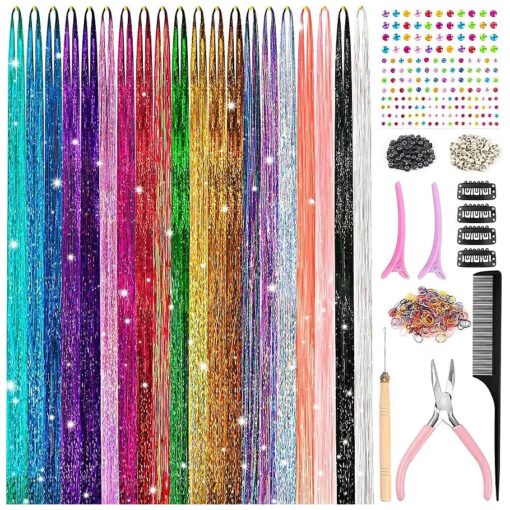 20 Colors 48 Inch Fairy Hair Extensions - Heat Resistant Tinsel Hair Accessories Kit with Tools and Rhinestones for Women and Girls, 4000 Strands