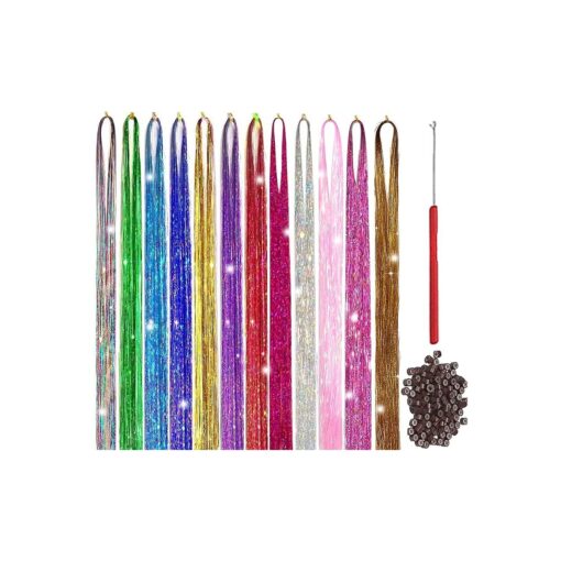 Hair Tinsel Kit With Tool 4200 strands Tinsel Hair Extensions 12 Colors Fairy Hair Tinsel, Sparkling Shiny Hair Tinsel Heat Resistant Highlights Glitter Tinsel Hair Extensions ( 48 Inch )