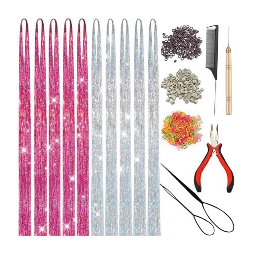 Pink Silver Hair Tinsel Kit : 48 Inches 3000 Sparkling Strands Glitter Tinsel Hair Extensions with Tools - Fairy Heat Resistant Hair Tinsel Accessories for Women Girls Kids