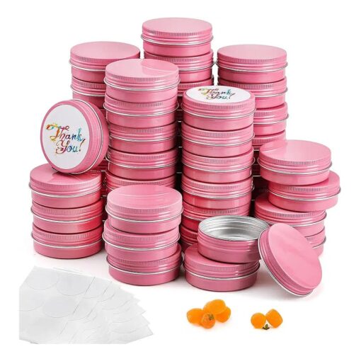 Foraineam 48 Pack 2 oz Screw Top Round Tin Cans with White Labels, Pink Aluminum Cosmetic Sample Containers, Metal Empty Tins Travel Storage Tin Jars for Lip Balm, Salve, Spice, Candy or Crafts