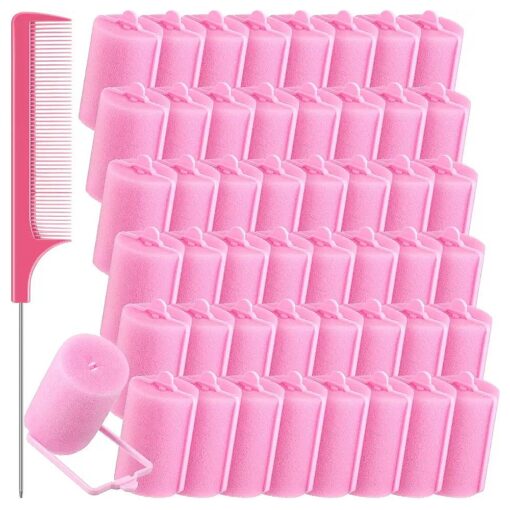 48 Pieces Foam Sponge Hair Rollers, Soft Sleeping Hair Curler Flexible Hair Styling Sponge Curler, and Stainless Steel Rat Tail Comb for Hair Styling ( 1.57 inch/ 4.0 cm, Pink and Dark Pink )