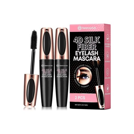 4D Silk Fiber Lash Mascara, Lengthening and Thick, Long Lasting, Waterproof & Smudge-Proof, Hypoallergenic Formula 2 Pack Black