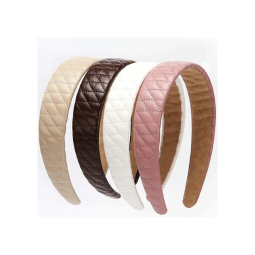 4PCS Checked Leather Wide Hard Headband Padded Headband Non-slip Fashion Hairband for Girls and Women ( Begie+Dark brown+White+Pink )