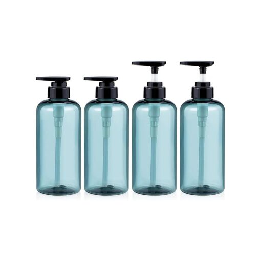 Plastic Shampoo Bottles with Pump, Kimqi 4 PCS Set 16 oz Refillable Shampoo and Conditioner Dispenser Containers, 500ml Large Empty Reusable Bathroom Shampoo Bottle for Shower Body Wash, Blue