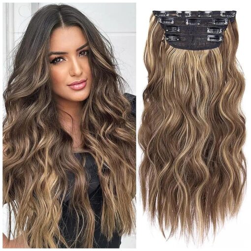 4PCS Clip in Hair Extensions Honey Blonde Mixed Light Brown 20 Inch Long Wavy Synthetic Hair Extensions ( 4pcs, 20Inch, 22H10 # )