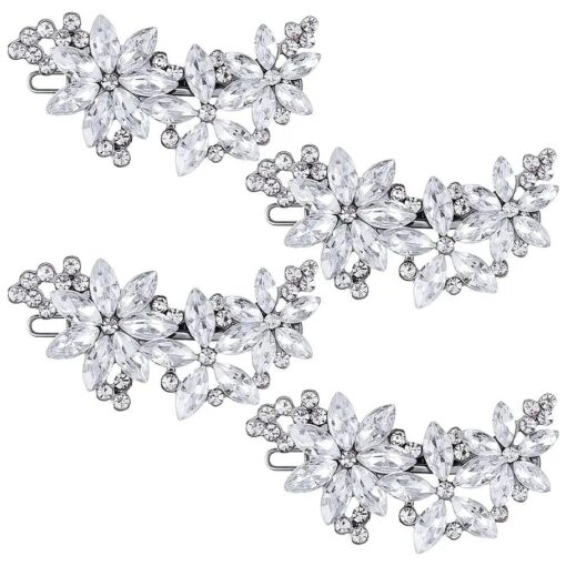 PAGOW 4Pcs Crystal Flower Bridal Hair Clips, Silver Bride Wedding Hair Accessories Hair Pins, Rhinestone Flower Wedding Headpiece for Brides Women Girls