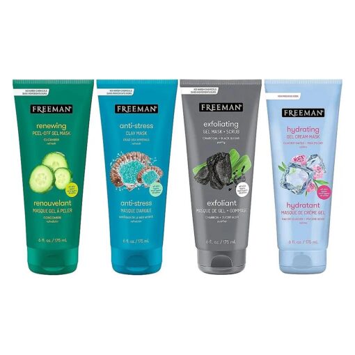 Freeman Facial Mask Variety Bundle, Hydrating & Cleansing Skincare, Anti-Stress, Cucumber, & Charcoal Facial Masks, Peel-Off, Clay, & Gel Masks, Exfoliating Scrub, 6 fl, oz./175 ml Tubes, 4 Count