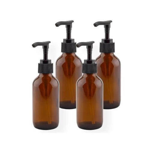 Cornucopia 4oz Amber Glass Pump Bottles ( 4-Pack ) ; Great for Lotions, Liquid Soap, Aromatherapy and More