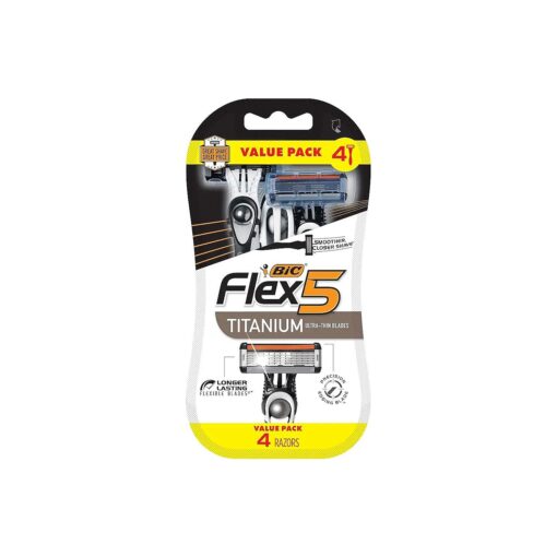 BIC Flex 5 Titanium 5-Blade Disposable Razor for Men, Sensitive Skin Razor For a Smooth, Comfortable and Close Shave, 4 Piece Razor Set