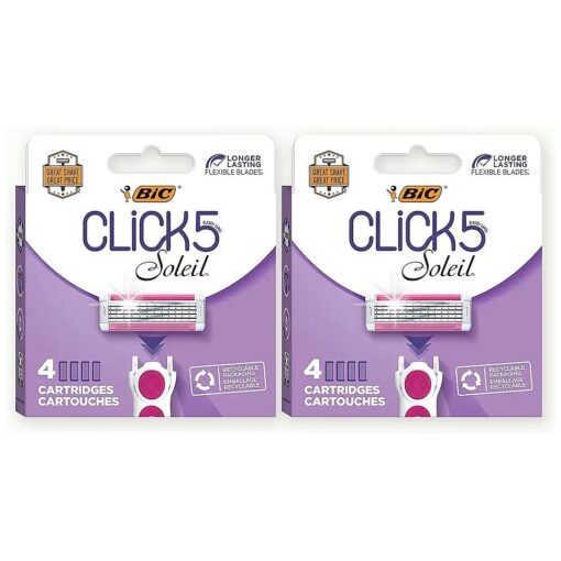 BIC Click 5 Soleil Women 's Razor Refills with 5 Flexible Blades and Recyclable Box, Pink, 8 Count