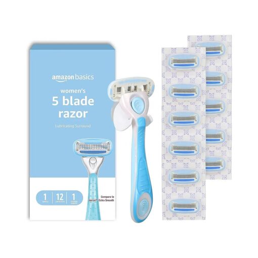 Basics 5-Blade Razor for Women, Handle, 12 Cartridges & Shower Hanger, Fit Handles only, 14 Piece Set, Blue