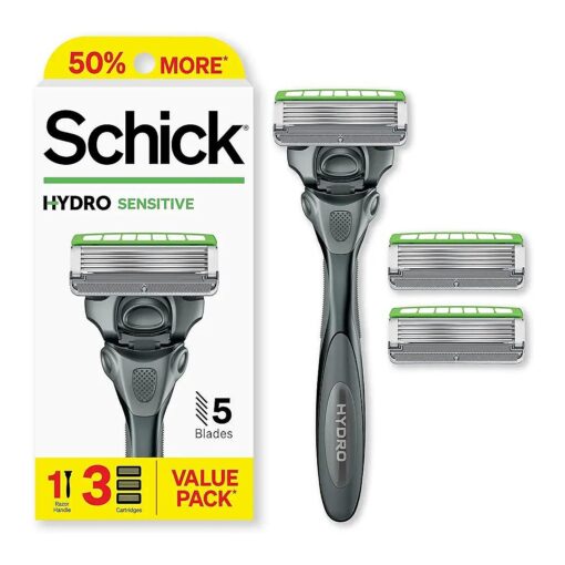 Schick Hydro Sensitive Razor, 1 Razor Handle and 3 Cartridges | Razors for Men Sensitive Skin, 5 Blade Razor Men, Mens Razors for Shaving, Razor Blades for Men, 1 Handle with 3 Razor Blades Refills