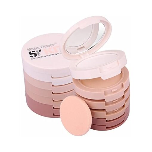 5 Colors Long-Lasting Lightweight Multi-layer Matte Loose Setting Powder Pressed Face Makeup Concealing Shading Powder Foundation for All Skin Tones, Minimizes Fine Lines & Imperfections