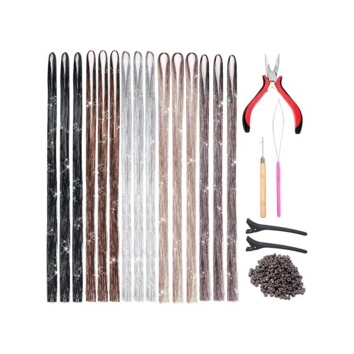 Hair Tinsel Kit with Tools, 47 Inches 2550 Strands 5 Colors Heat Resistant Glitter Hair Extensions for Women and Girls, Sparkling Shiny Fairy Hair Tinsel Kit for Christmas Holiday Cosplay Party ( 006 )