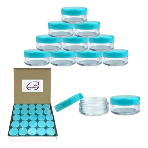 50 Empty 5 Grams Acrylic Clear Round Jars - BPA Free Containers for Cosmetic, Lotion, Cream, Makeup, Bead, Eye shadow, Rhinestone, Samples, Pot, Small Accessories 5g/5ml ( Teal Lid )