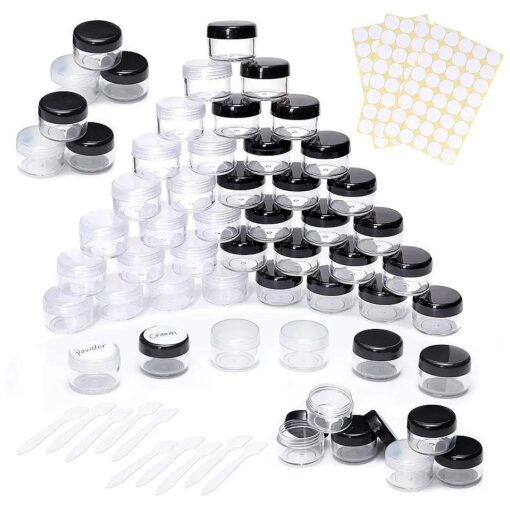 100 pcs 5 Gram Empty Containers Mini Clear Jar Sample Transparent Cream Cosmetic Bottle Containers with 10 Pcs Mini Spatulas, Label