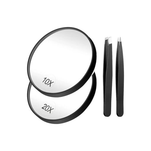 Funtopia Magnifying Mirror, 3.5 Inch 20X Mirror & 10X Magnifier Mirrors with 2 Suction Cups, Small Travel Magnifying Mirror and Tweezers Kit for Eyebrow Tweezing, Blackhead Blemish Removal ( Black )