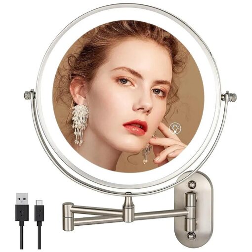 8.5 Inch Rechargeable Wall Mounted Lighted Makeup Mirror, Double-Sided 1/10x Magnifying Mirror with 3 Color Lights, Vanity Mirror with Dual-Touch & Luminance Memory ( Nickel )