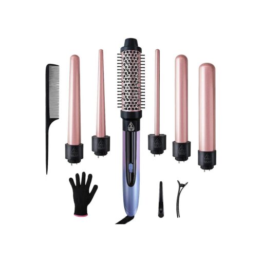 6 in 1 Curling Iron Hair Curling Wand Set with Curling Brush and 5 Interchangeable Ceramic Curling Wand ( 0.35" -1.25" ) Tourmaline Hair Curler Instant Heat Up Curling Iron for Long Hair Women