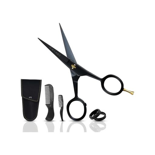 5" German Beard Scissors & Mustache Scissors - 2 Combs ( Beard Comb + Mustache Comb ) with Carrying Pouch - Hand Forged Beard Trimming Scissors with Finger Rest ( Black ( 410C German Steel ) )