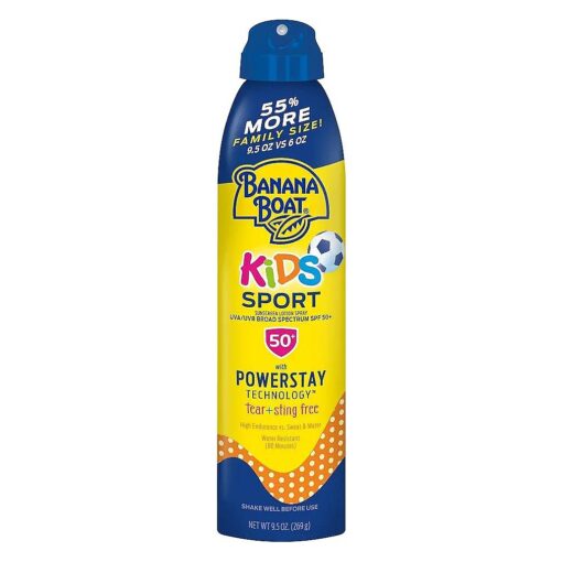 Banana Boat Kids Sport Sunscreen Spray SPF 50, 9.5oz | Childrens Sunscreen, Kids Sunblock, Oxybenzone Free Sunscreen for Kids, Spray On Sunscreen SPF 50, Family Size Sunscreen, 9.5oz