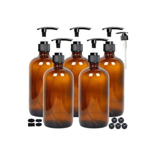 Youngever 5 Pack Empty Amber Glass Pump Bottles, 8 Ounce Lotion Pump Bottles, Soap Dispenser, Refillable Containers, Durable Black Pumps