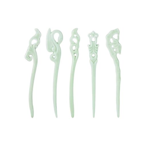 Lawie 5 Pack Vintage Retro Ancient Chinese Japanese Aqua Green Ceramics Stone Hair Sticks Chopsticks for Hair Pins Picks Carved Long Horn Fork Hairpins Clips Barrettes for Bun Thick Hair