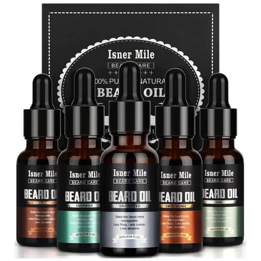 ISNER MILE 5 Pack Beard Oil Set Leave in Conditioner Cedarwood Sandalwood Sage Sweet Orange for Men Mustaches Soften Moisturizing Strength Stocking Stuffers Gifts for Him Man Dad Father Boyfriend